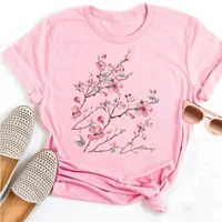 Beautiful Flower Print Women T-Shirts Casual Breathable Soft Short Sleeve Tops Loose Comfortable Street Female Clothes Pink T Sh