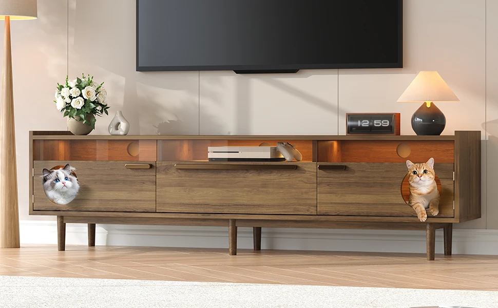 Moderner TV-Schrank mit LED-Beleuchtung – mit Katzenrückhaltfläche, Stützhüllen, stahlverstärkten Glastüren und 1-Schublade – Detail 13