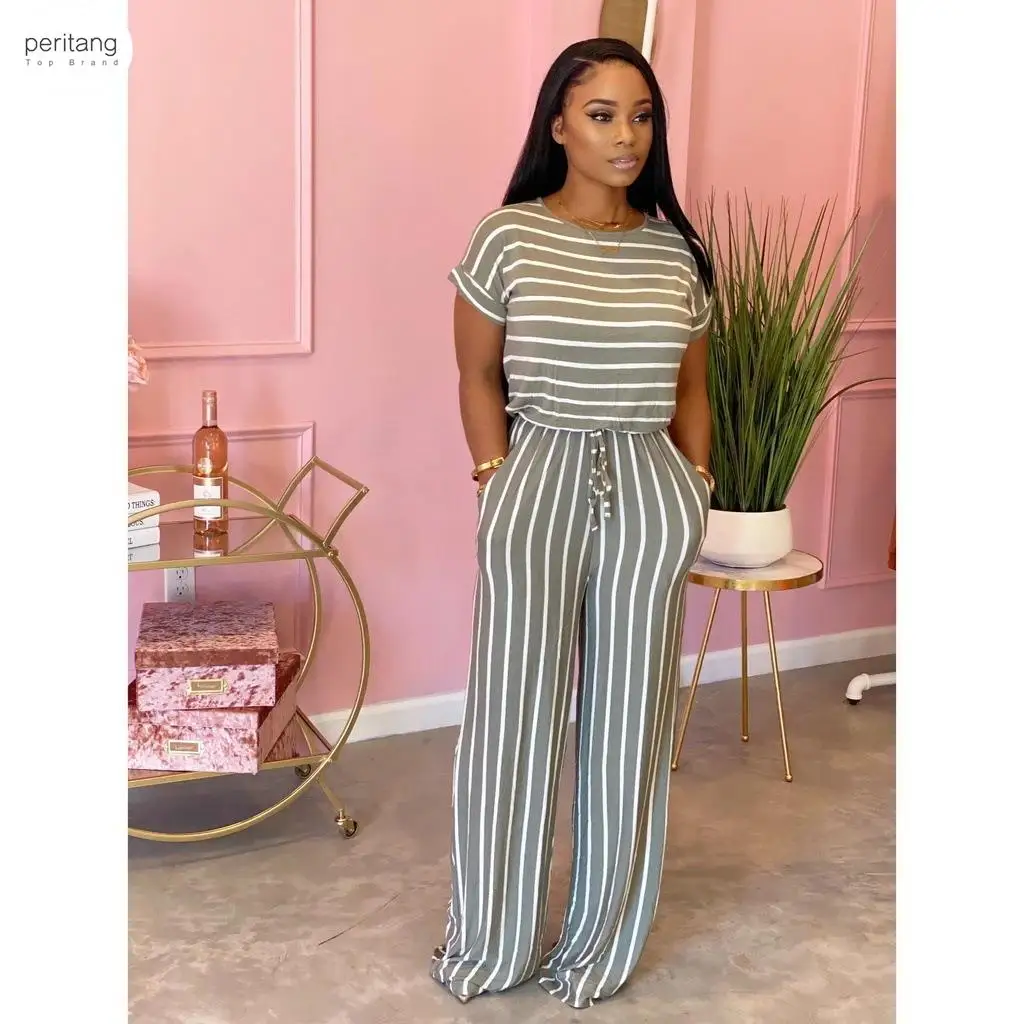 

Women Causal Striped Short Sleeve Jumpsuit Loose Fit Summer Long Pants Daily Overalls Comfy Jumpsuit