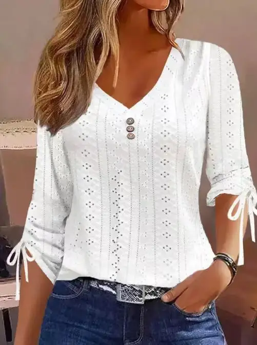 

Female Clothing T-Shirts Pullover Tops Eyelet Embroidery Drawstring V-Neck Top 2023 Autumn Winter Spring Fashion Casual