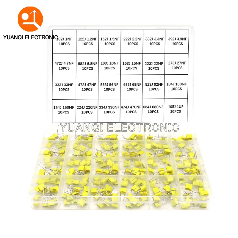 

240Pcs Correction Capacitor Assorted Kit 24Values x 10Pcs 100V 102J-105J Polypropylene Safety Plastic Film Capacitors Set