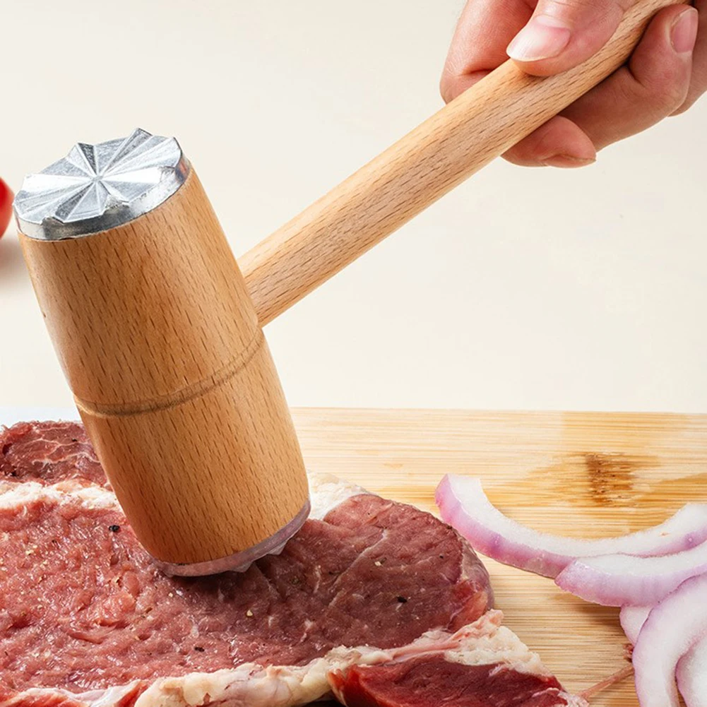 1 Pcs Meat Tenderizer Hammer With Wooden Handle Heavy Sturdy Meat Mallet Dual-side Mallet For Kitchen Pounder Hammer