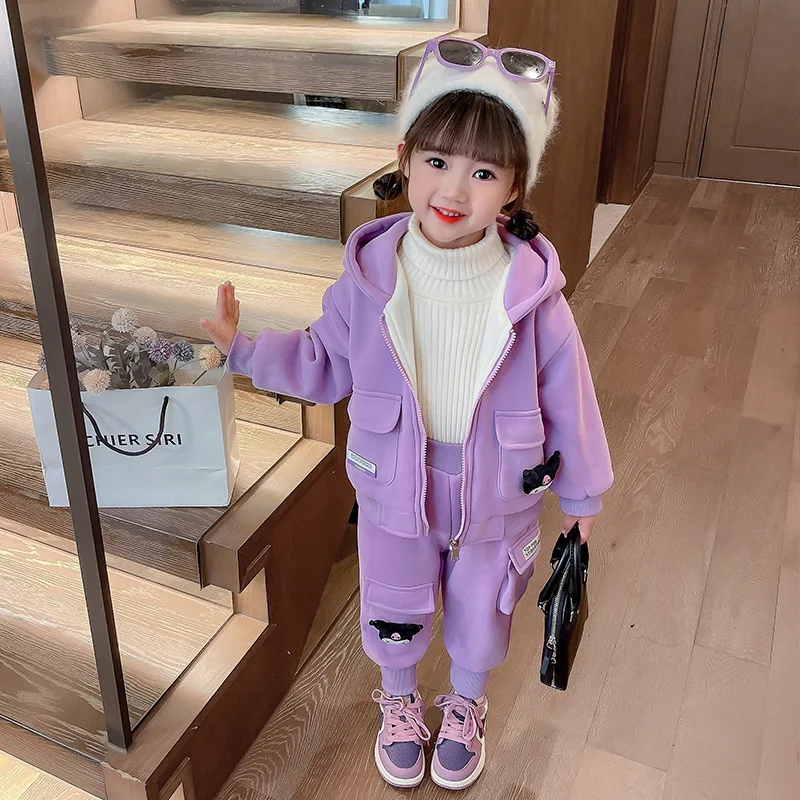 

Sanrio аниме Kuromi детская зимняя повседневная одежда комплект из двух предметов кавайная утепленная теплая верхняя одежда с капюшоном для девочек Милая спортивная одежда