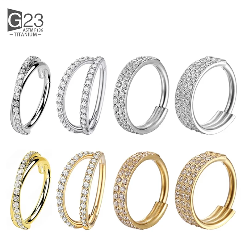 G23 Titanium Piercing Double Layered Triple Stack Hinged Zircon Nose Ring Helix Cartilage CZ Small Cartilage Septum Clicker nose rings piercing jewelry body piercing jewelry body jewelry