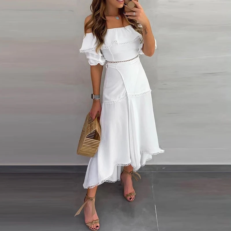 

Elegant High Waist Short Sleeve Ruffles Party Dress Sexy Slash Neck Print Patchwork Slim Dress New Off Shoulder High Split Dress