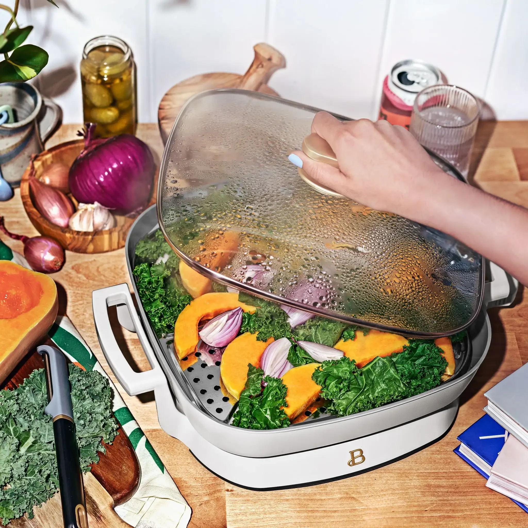 Beautiful 5 in 1 Electric Skillet - Expandable up to 7 Qt with Glass Lid, White Icing by Drew Barrymore 6