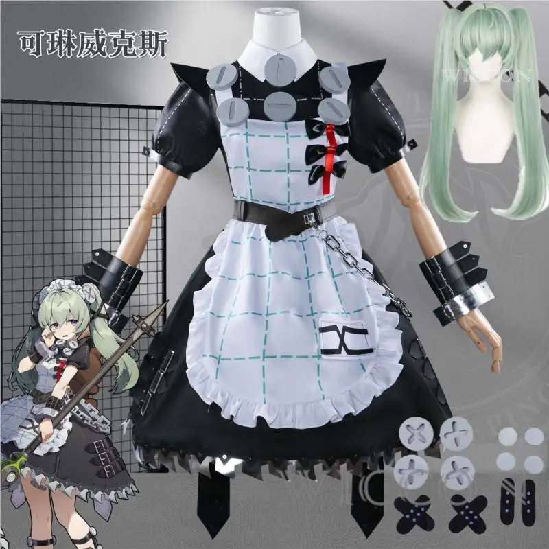 

New Game Zenless Zone Zero Corin Wickes Cosplay Costume Dress Gothic Maid Skirt Green Double Ponytail Hair Chain Apron Set