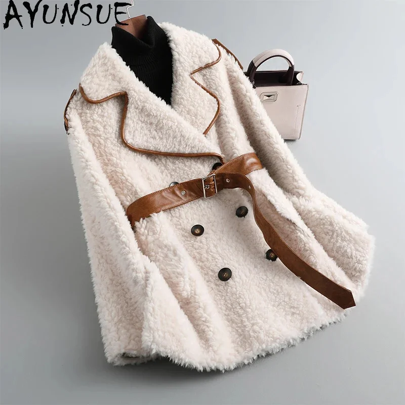 

100% AYUNSUE Sheep Shearing Jackets for Women 2024 Winter Autumn Fashion Mid-length Lamb Wool Coat Lacing Up Jaqueta Feminina