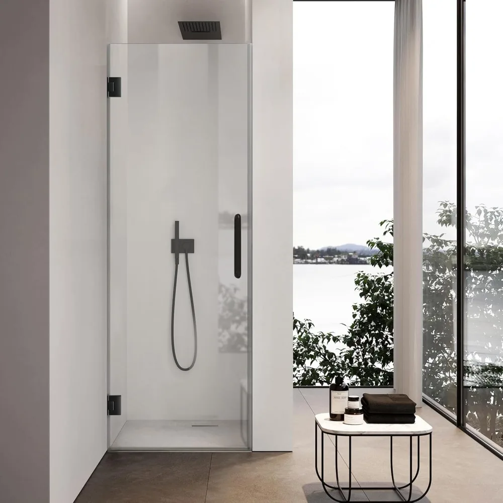 28" W*72" H, Frameless Shower Door in Matte Black, 5/16"(8mm) Clear Tempered Glass Hinged Shower Door with Seal Strip and Handle 5