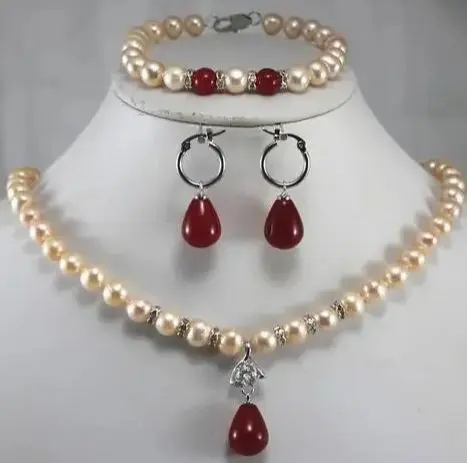 

NEW wholesale Women's 7-8mm pearl mixed red/green jade pendant Necklace bracelet jewelry set jewelry