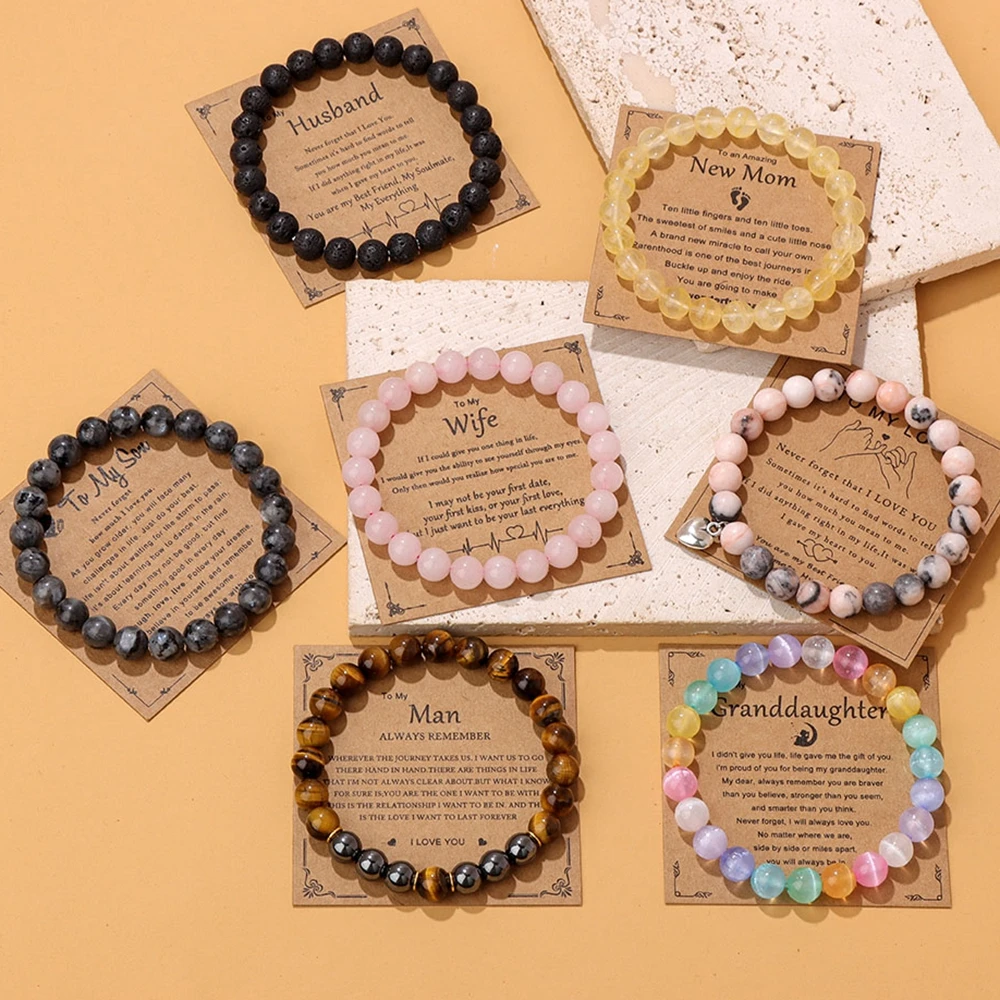 8mm Natural Stone Beaded Bracelets for Lover Dad Mother Bracelet Gifts for  Son Daughter Gems Bracelet With Card Jewelry Gifts - AliExpress