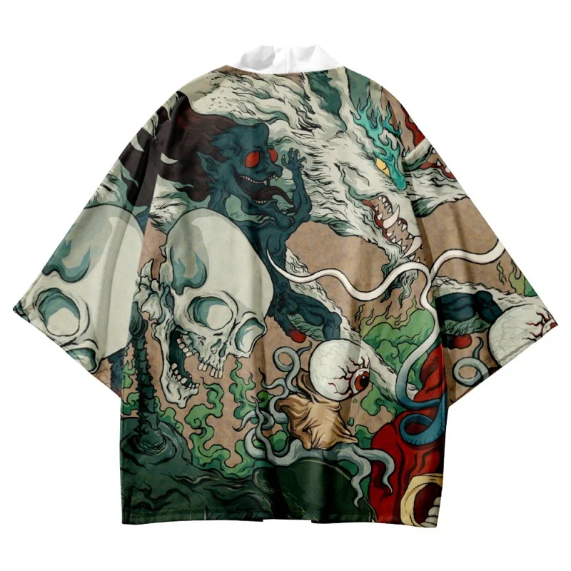 

Men Women Vintage Cosplay Fashion Streetwear Dragon Skeleton Print Traditional Kimono Cardigan Japanese Samurai Oversized Haori