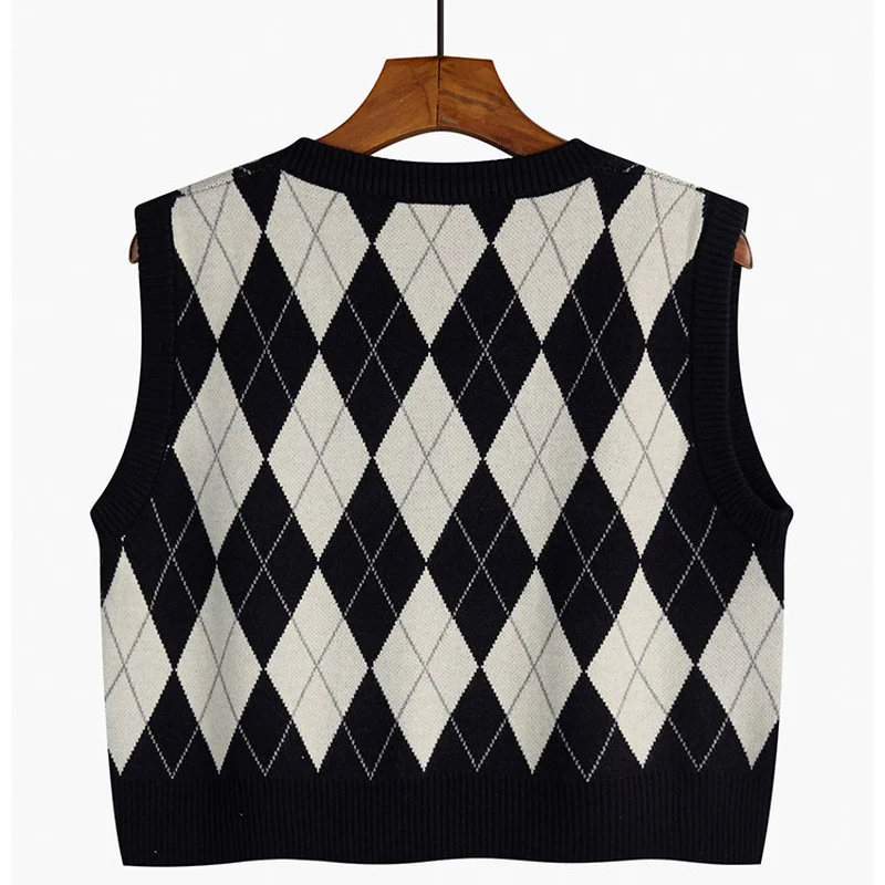 Vintage V-neck Plaid Sweater Vest Women Autumn Winter Vintage Knit Sweaters Pullover Loose Korean Knitwear Tops Pull Femme