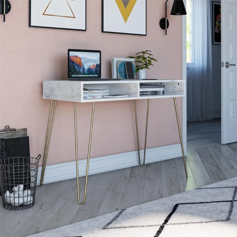 

Novogratz Athena Computer Desk with Storage, White Marble desk table desk table desks