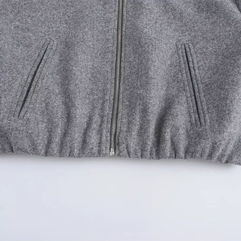 Retro Solid Woolen Women's Bomber Jacket Long Lantern Sleeves Pockets O-neck Loose Female Coat Autumn High Street Outwears