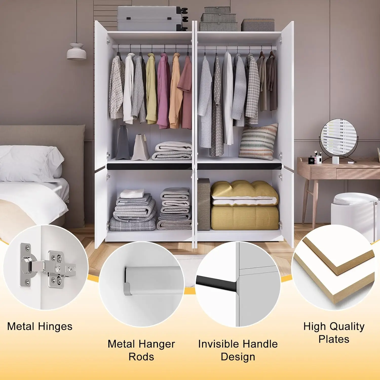 NEW 4 Doors Armoire Wardrobe Closet with Mirror, Wooden Bedroom Armoires with Hanging Rod, Freestanding Wardrobe Cabinet 3