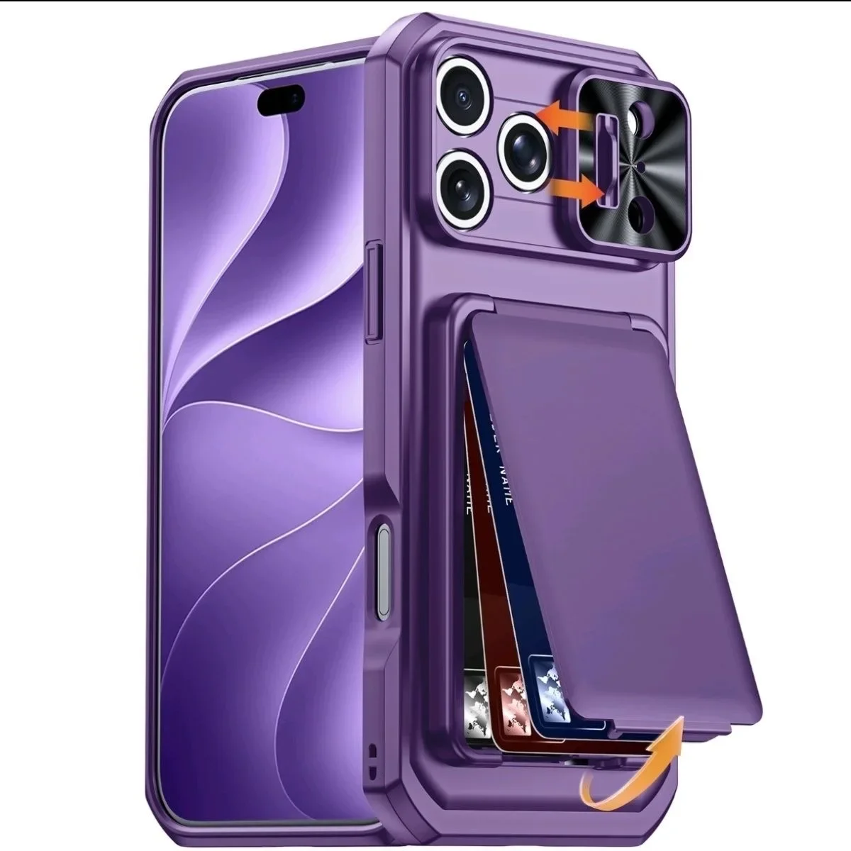 Sleek Card Holder Phone Case with Sliding Camera Cover and Stand, Anti-Fall PC+TPU Wallet Design