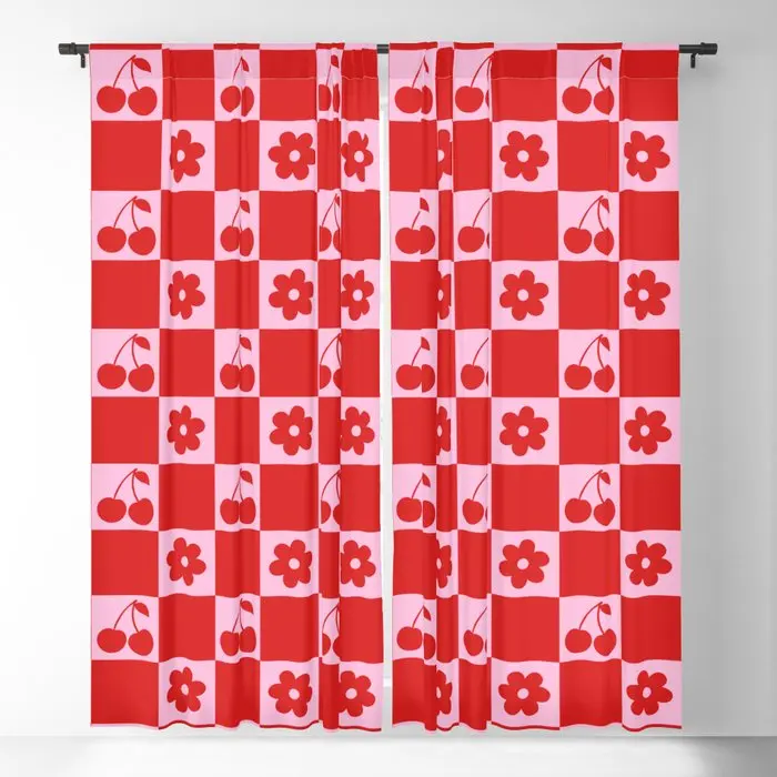 

Cherry Flowers Pink & Red Checker Blackout Curtains 3D Print Window Curtains For Bedroom Living Room Decor Window Treatments