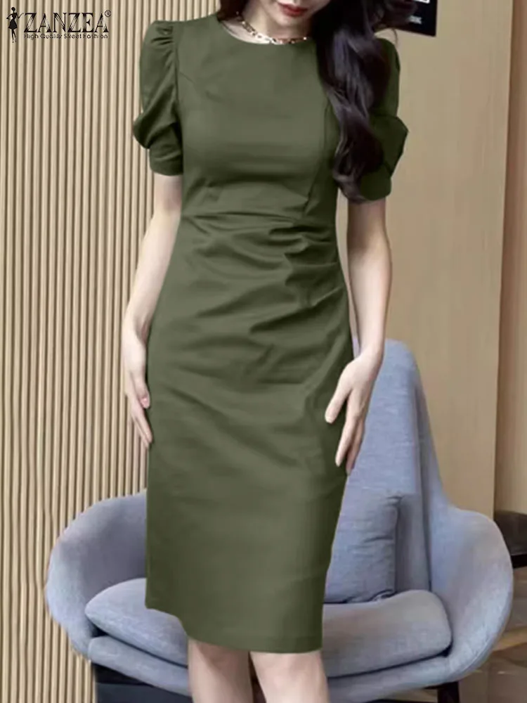 

Летний Однотонный женский сарафан до колена с коротким рукавом, модель 2024 года, модное офисное платье ZANZEA, элегантное женское облегающее платье для работы в офисе