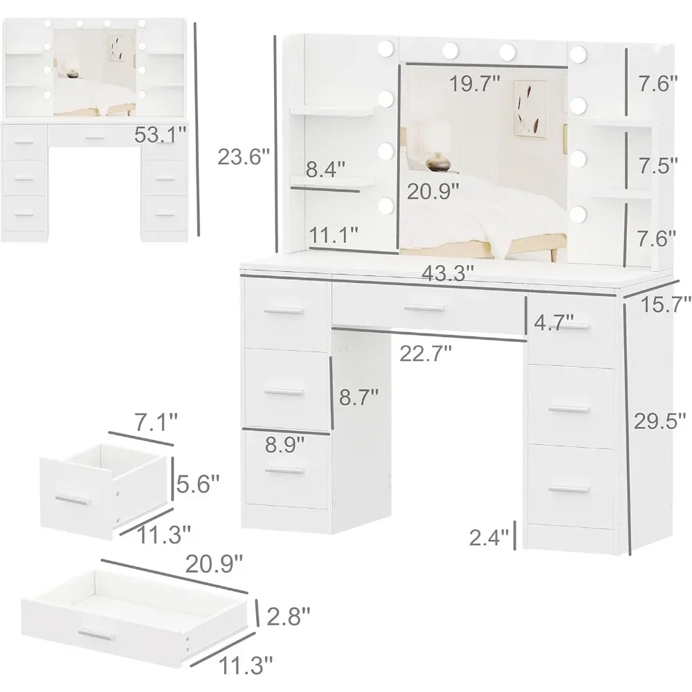 Vanity Desk, Makeup Vanity with 10 LED Lights & 7 Metal Sliding Drawers, Brightness Adjustable, Vanity Table with 6 Open Shelves 5