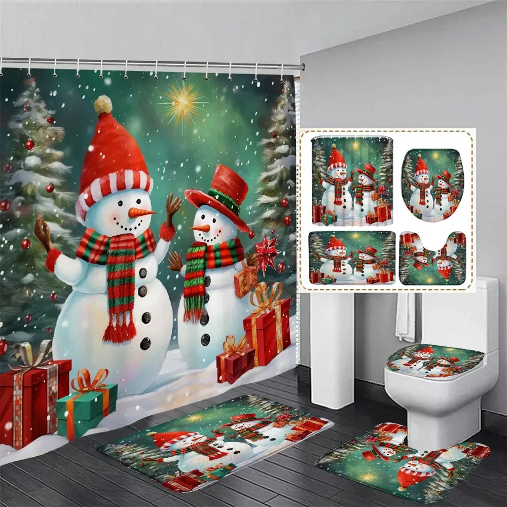 Shower Curtains Bathroom Hardware Set Bath Mat Cute Snowman Christmas Shower Curtain Set Silver Pine Branches Snowflake Xmas Balls Bathroom Decor Rug Toilet Lid Cover
