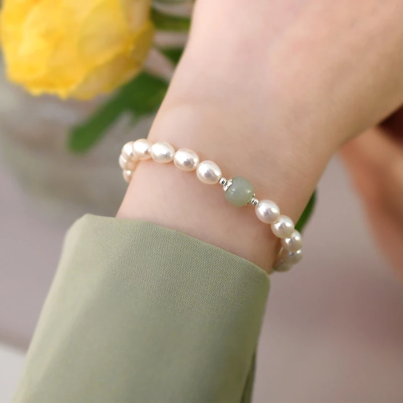 ASHIQI Natural Nephrite Freshwater Pearl 925 Sterling Silver Elastic Rope Bracelet Fashion Jewelry for Women