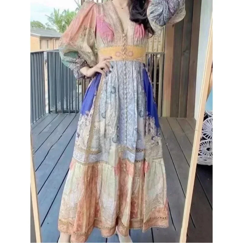 

Vintage Women's Patchwork Printed Maxi Dress Fashion V Neck Lantern Long Sleeved Loose Dresses Female Vacation Street Vestidos