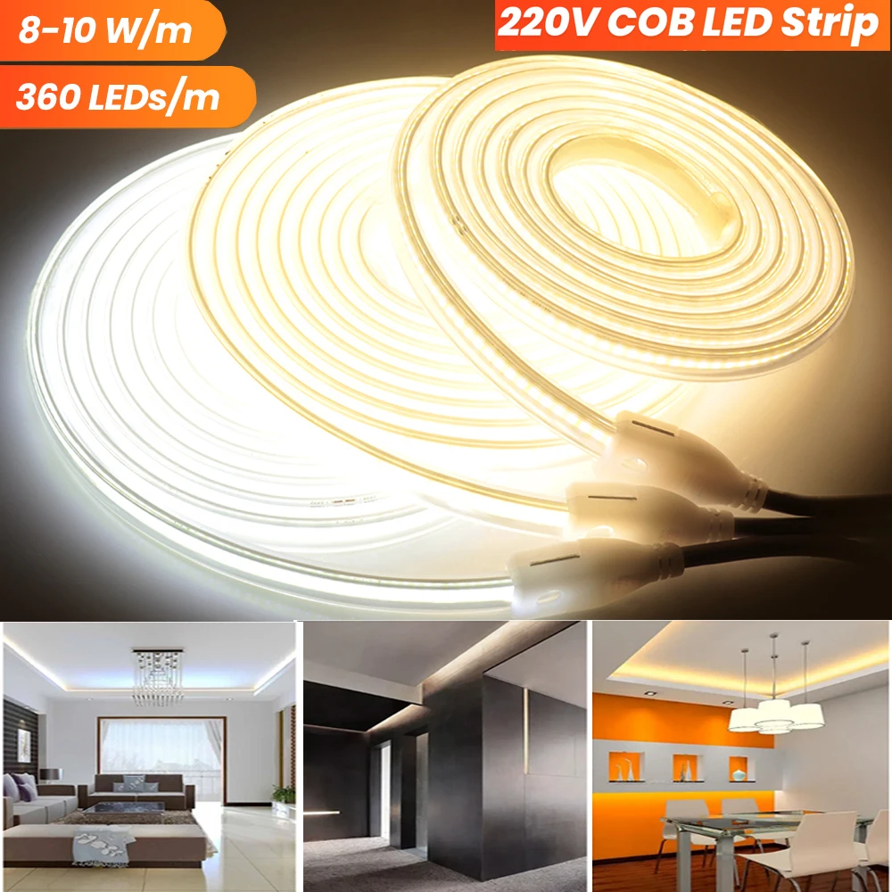 

220V Waterproof COB LED Strips EU Switch Plug 360LEDs/m Flexible COB Light Tape Ribbon 3000-6000K for Outdoor Indoor Lighting