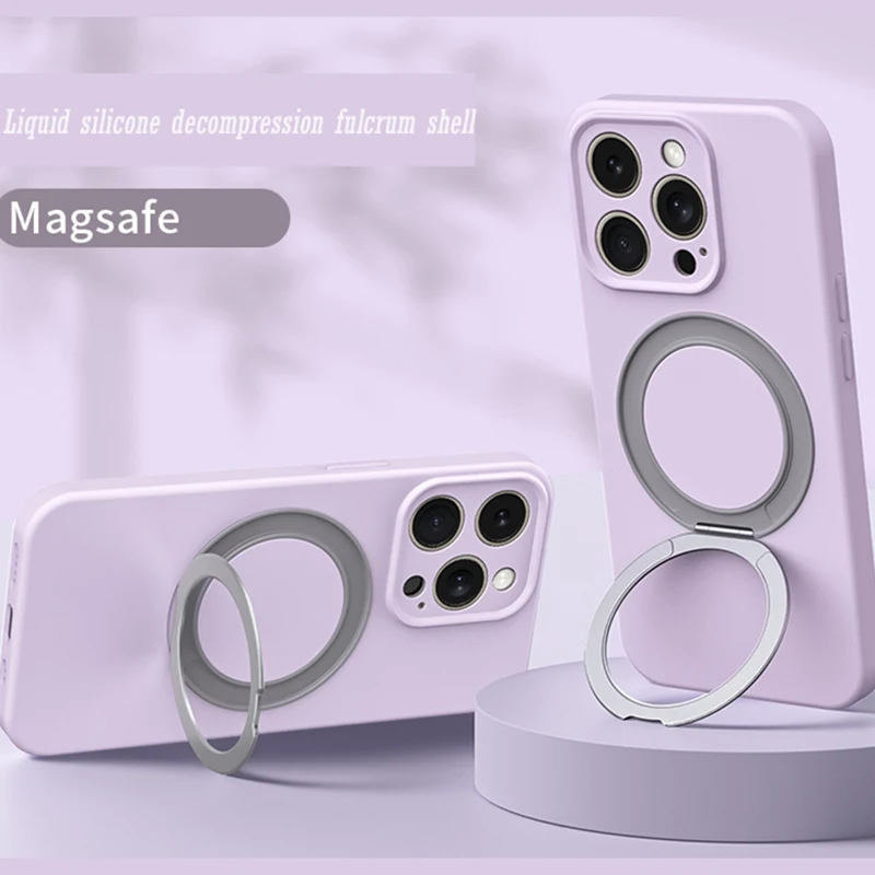

Luxury Liquid Silicone Case For iPhone 13 14 15 Pro Max with Magsafe Ring Bracket for iPhone 15 ProMax 360° Rotation PhoneShell