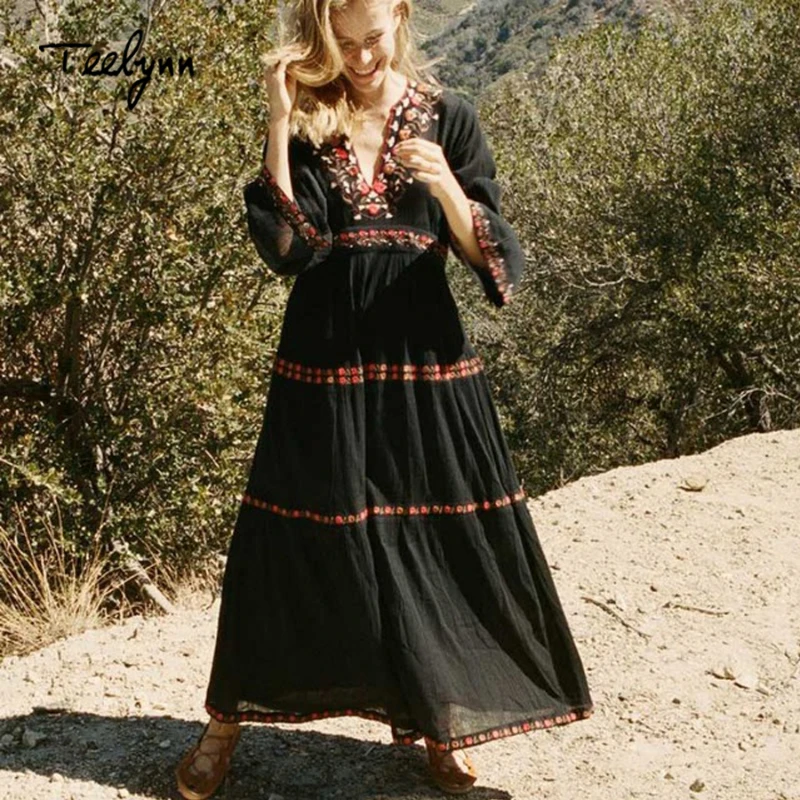 

TEELYNN Chic Black Rayon Long BOHO Dress 2022 Floral Embroidery Flare Long Sleeve V-neck Loose Dress Hippie Women Dress Vestidos