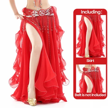 Belly Dance Skirt Chiffon Skirts Double Slit Ear Gauze Skirt High Slit Skirt For Adult Women Performance Practice Clothings