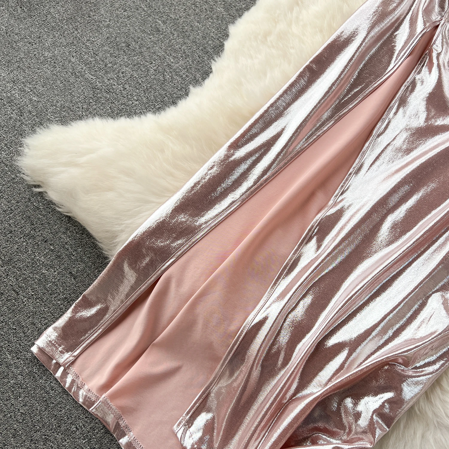 SINGREINY Spaghetti Strap Split Long Dress 2025 Ladies Fake Leather Lace Up Bodycon Sundress Y2K Hotsweet Shiny Slim Party Dress