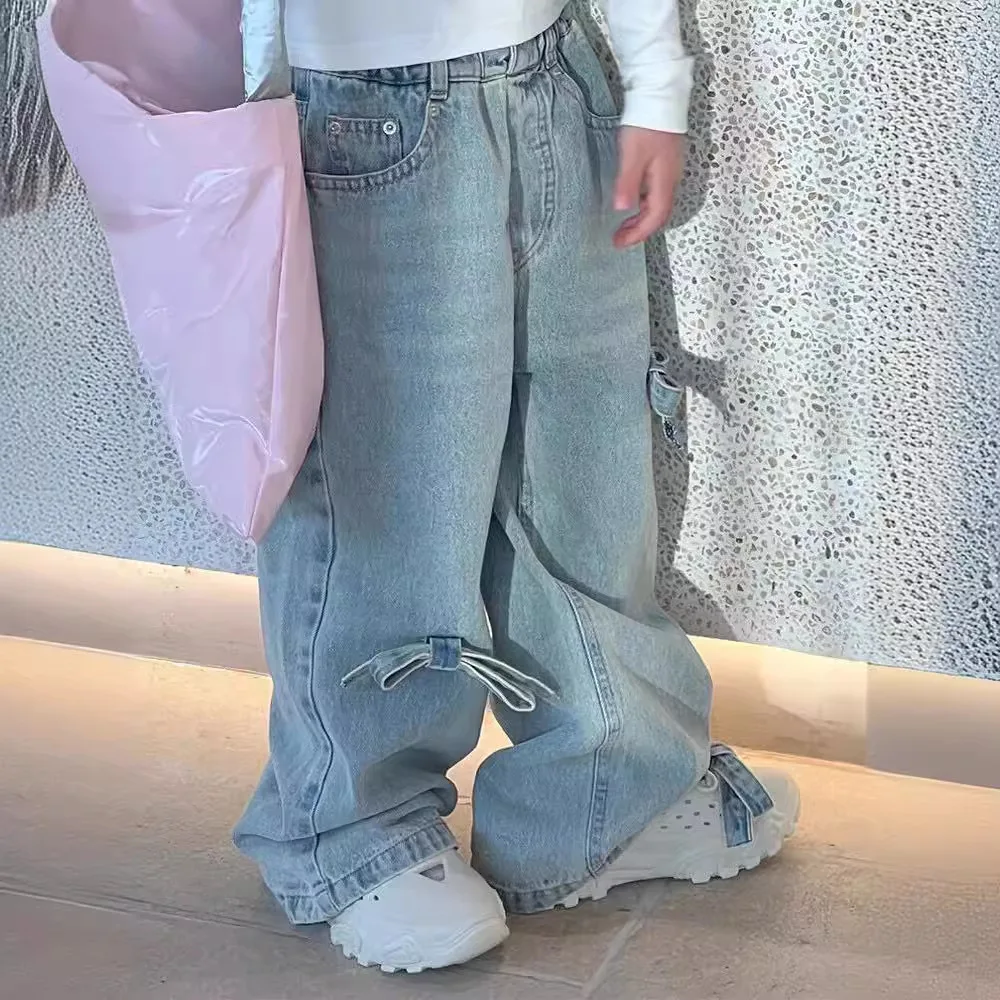 

Children Fashion Pants Korean Children Wear Girl Denim Wide Legged Pants 2024 Spring New Girl Western Style Pants