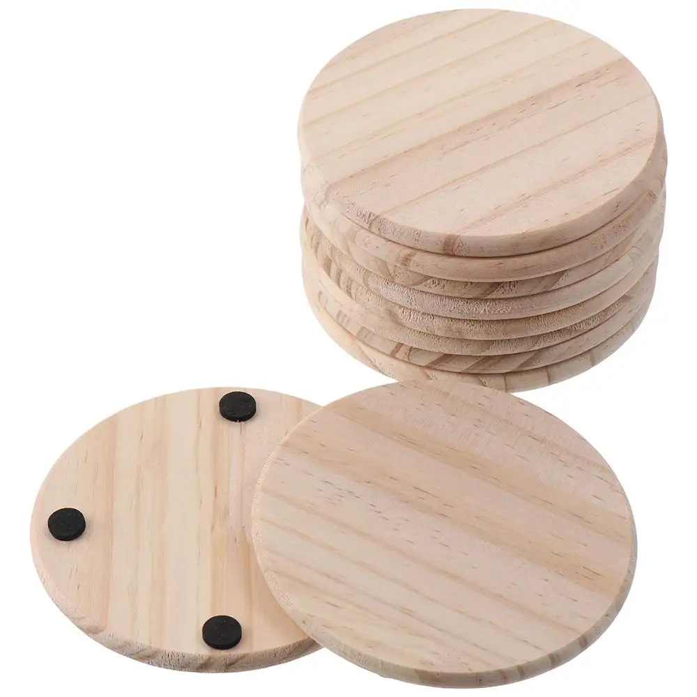 10Pcs Unfinished Wood Coasters, Blank Wooden Coasters with Non-Slip Mat,  Round Coasters Wood Kit for