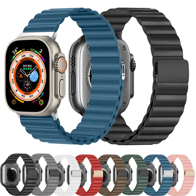 

Strap for Apple watch band 45mm 44mm 49mm 38mm 42mm 40mm 41 45mm Leather Magnetic buckle bracelet correa iWatch series 8 7 SE 6