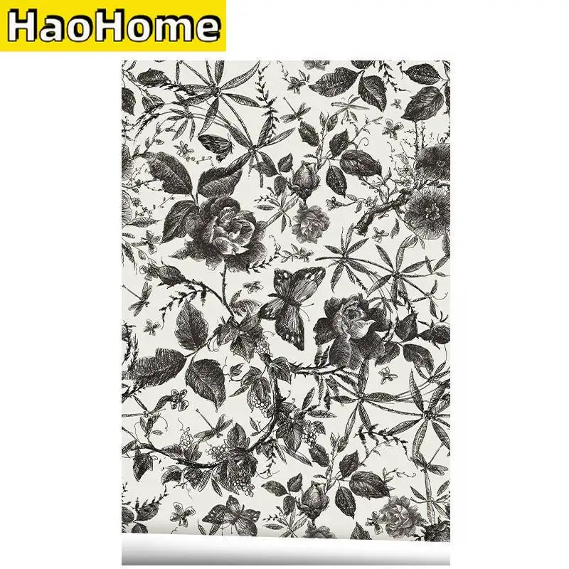 Auto-adesivo Ink Rose Wallpaper Casca Floral Removível e Vara Armário de Quarto Decorações de Parede Preto