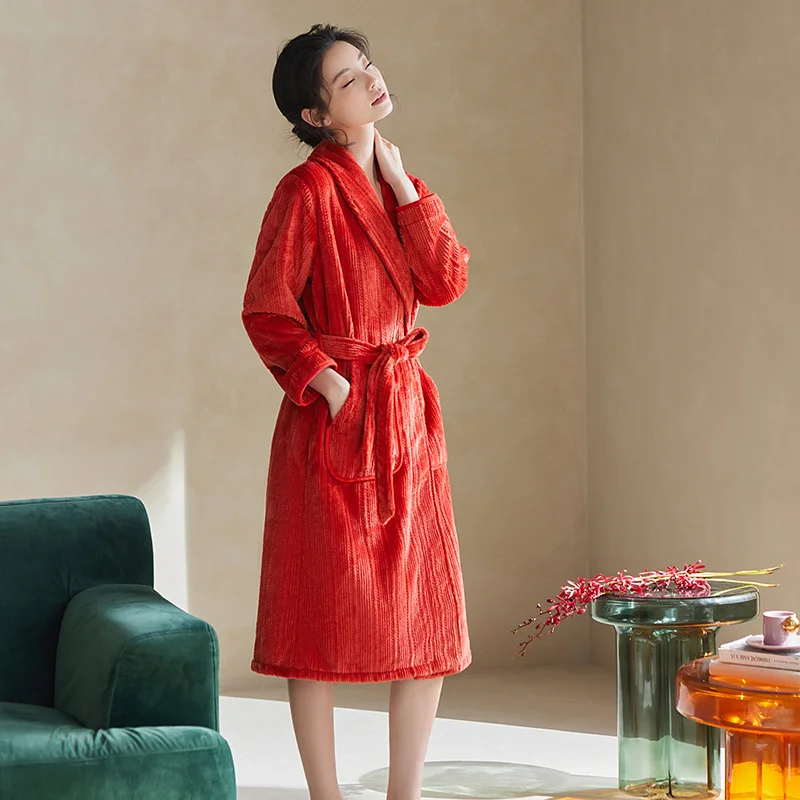 

Warm Flannel Robes Female Thick Elegant Dressing Gown Whith Belted Women's Kimono Winter Long Robes Women V-Neck Spa Bathrobe