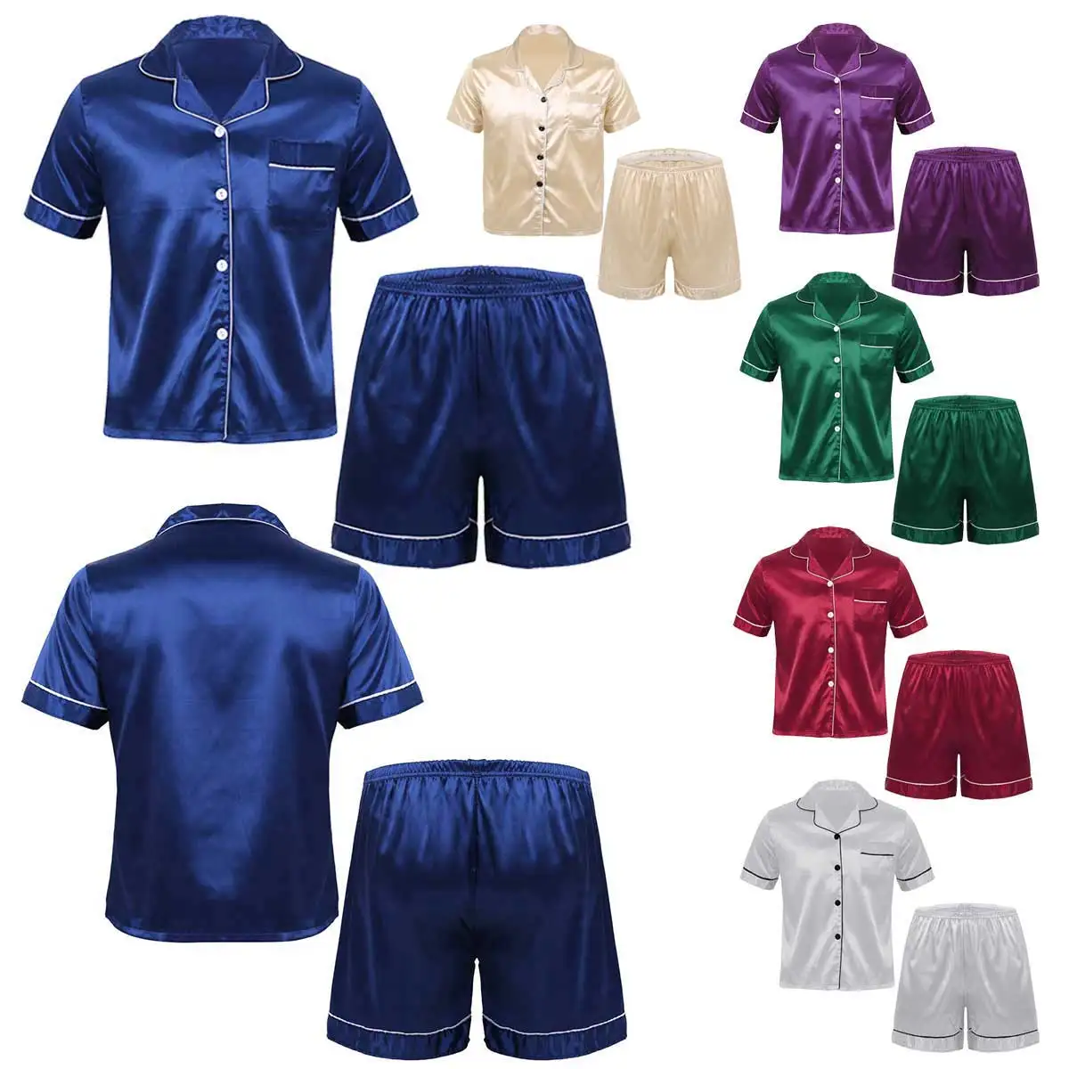 2023 Mens Silky Satin Pajamas Set Homewear Summer Short Sleeves Shirt Top+Elastic Boxer Shorts Pants Casual Sleepwear Loungewear