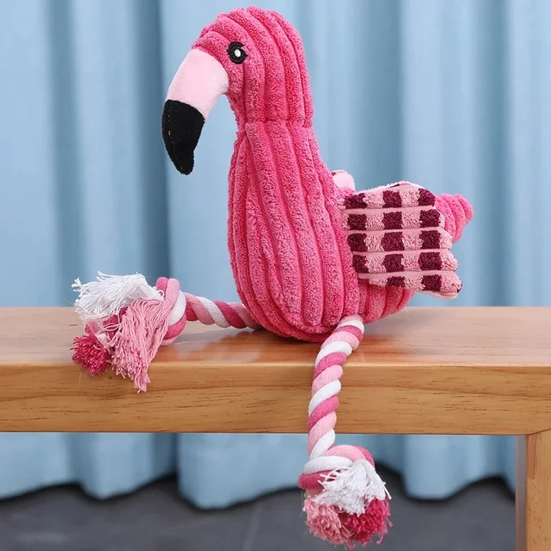 Interactive Fun Pink Flamingo Plush Dog Toy with Chew Rope Cute Sound Effect Suitable for Small to Large Pets