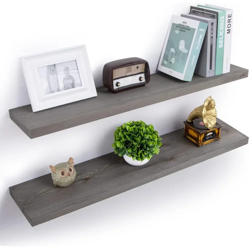 

36 Inch Grey Wood Floating Shelves for Wall Display Box 8 Inch Deep Rustic Farmhouse Shelves Set of 2 Figure Decoration Cabinet
