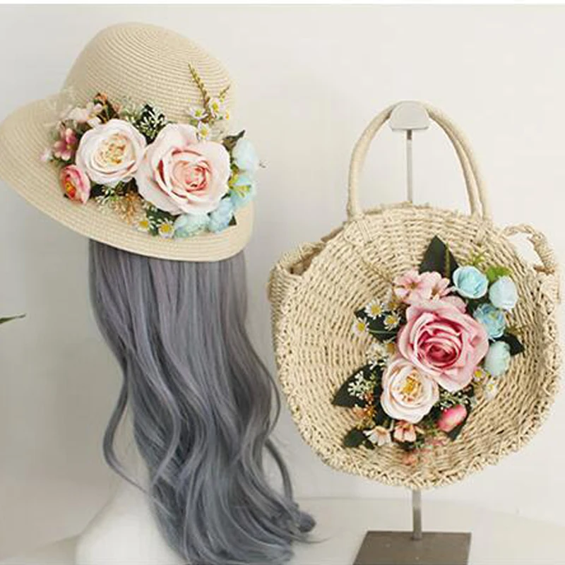 

Straw Bag Set 2023 Woven Round HandBag Women Casual Flower Beach Bags Summer Holiday Vacation Shoulder Bag with Sun Hat