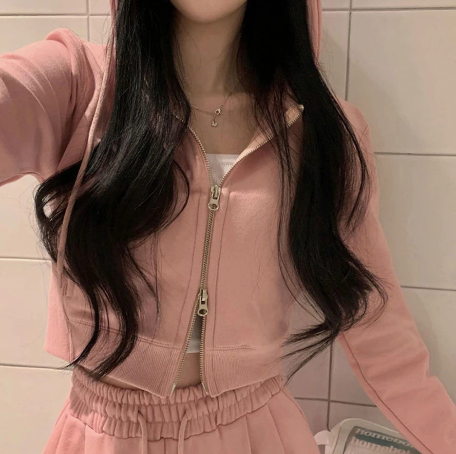 Korean Fashion Streetwear 2-piece Pants Set Women Tracksuit Autumn New Hooded Zip-up Crop Top Long Pants Casual Solid Outfits