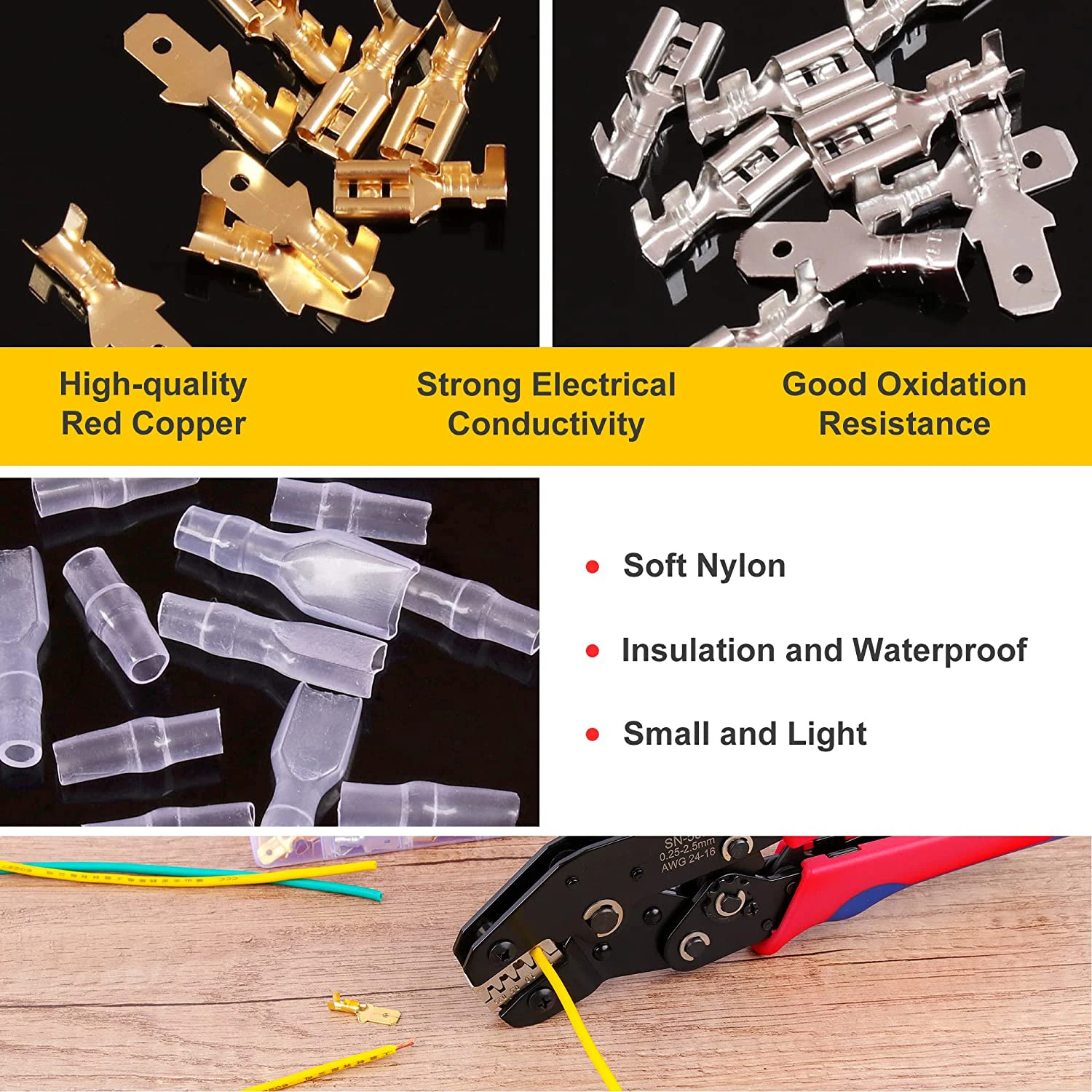 SN-58B Wire Terminal Crimping Tool Kit AWG24-16 Self-Adjusting Ratcheting Wire Crimper 720PCS Male and Female Spade Connectors 6