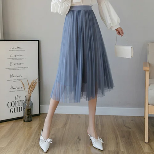 tennis skirt Women Pleated Mesh Mid Length Skirt Summer Elastic High Waist Fashion Solid Korean Casual Party A-Line Tulle Skirts Female 2022 white denim skirt Skirts