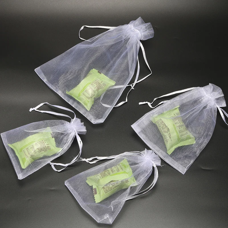 흰색 드로스트링 오간자 가방, 대량 도매 풀아웃 선물 랩 원사 가방, 7x9cm, 9x12cm, 10x15cm, 11x16cm, 13x18cm, 15x20cm, 50 개