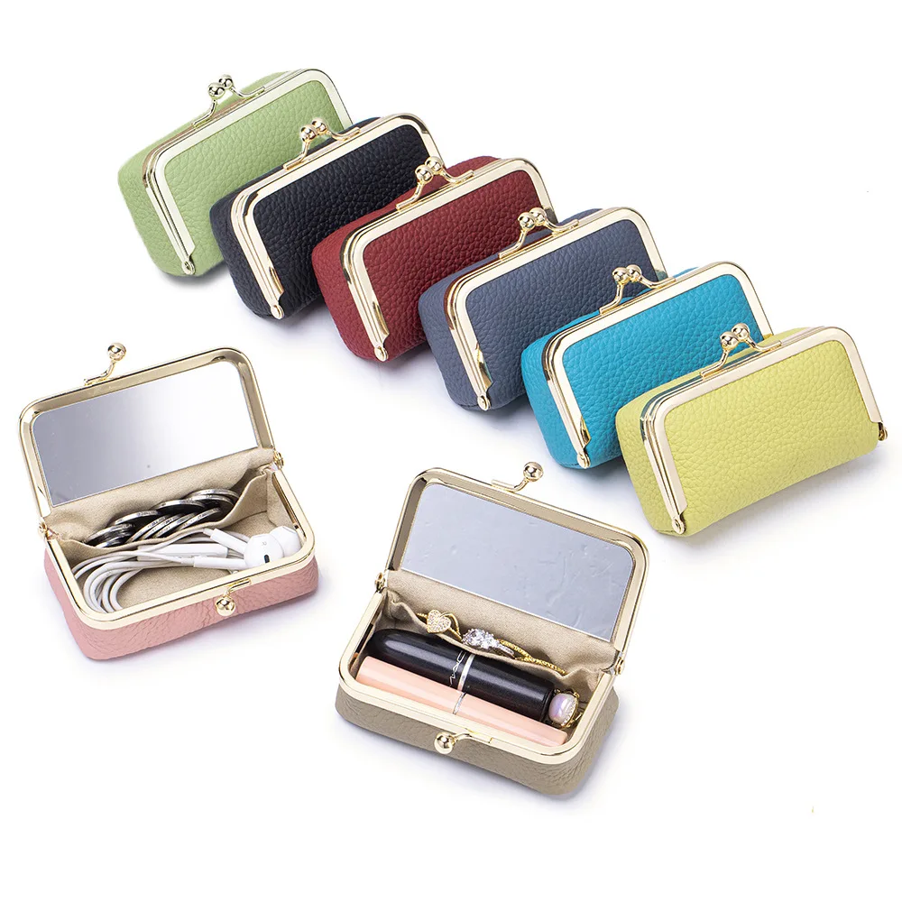 Elegant Litchi Grain Leather Lipstick Holder with Built-in Mirror