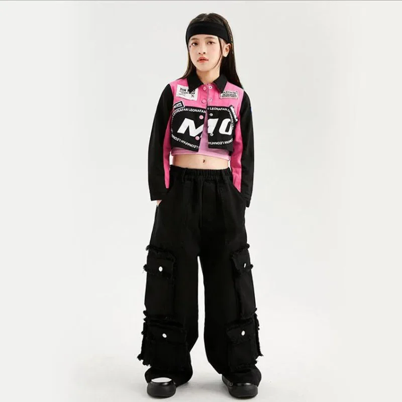 

Kids Hip Hop Clothing Pink Racing Shirt Crop Tops Streetwear Baggy Cargo Pants For Girls Teenage Jazz Dance Costumes Clothes