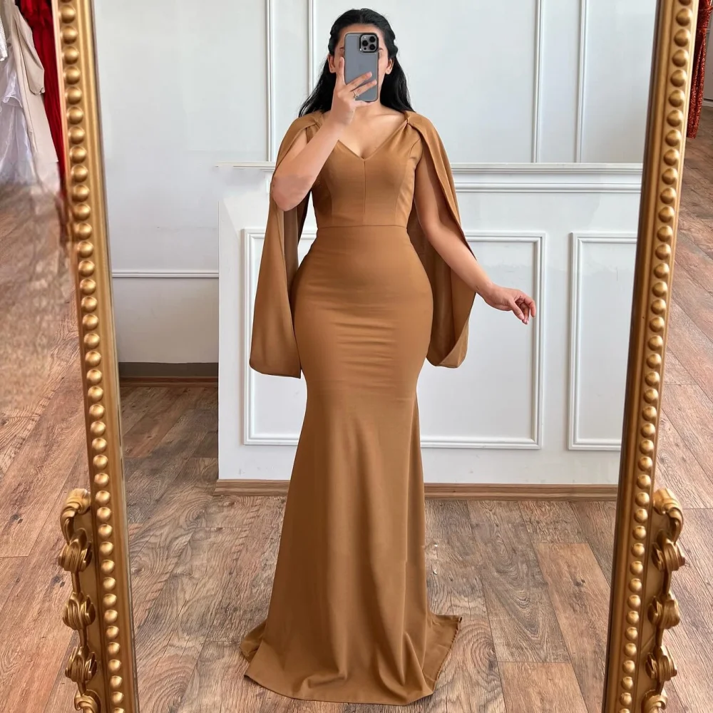 Evening  Sexy Casual  Jersey Pleat Celebrity Trumpet V-neck Bespoke Occasion Gown Long Dresses