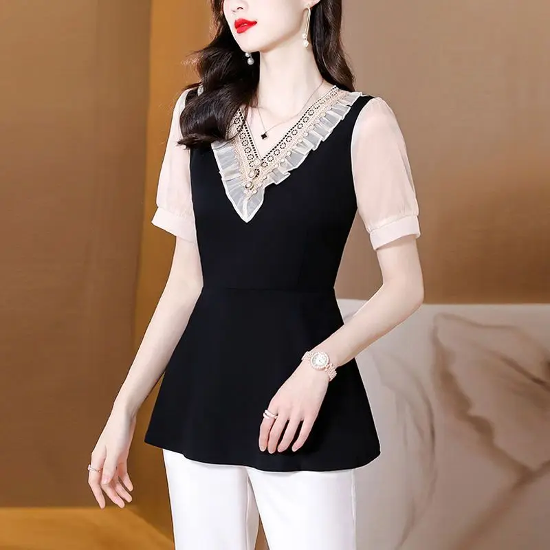 Office Lady Solid Color All-match Shirt Elegant V-Neck Fashion Patchwork Summer Chic Pearl Three-dimensional Decoration Blouse