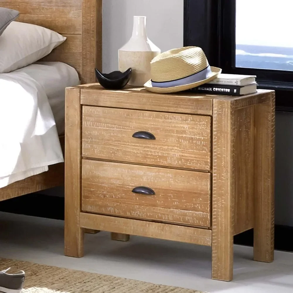 Wood Furniture Montauk 2-Drawer Bedside Nightstand, Solid Wood with Driftwood Finish